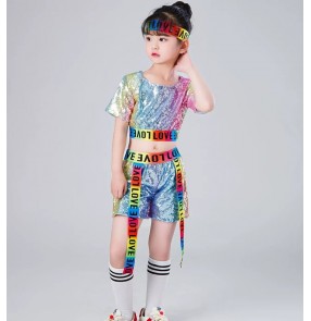 Girls boys rainbow sequins hiphop street jazz dance costumes modern dance gogo dancers rapper stage performance outfits for children